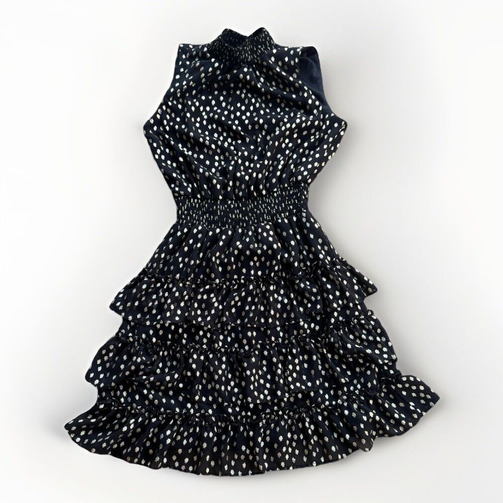 MSK Petite Black Tiered Halter Dress Gold Polka Dots Sz PS Coquette Whimsygoth